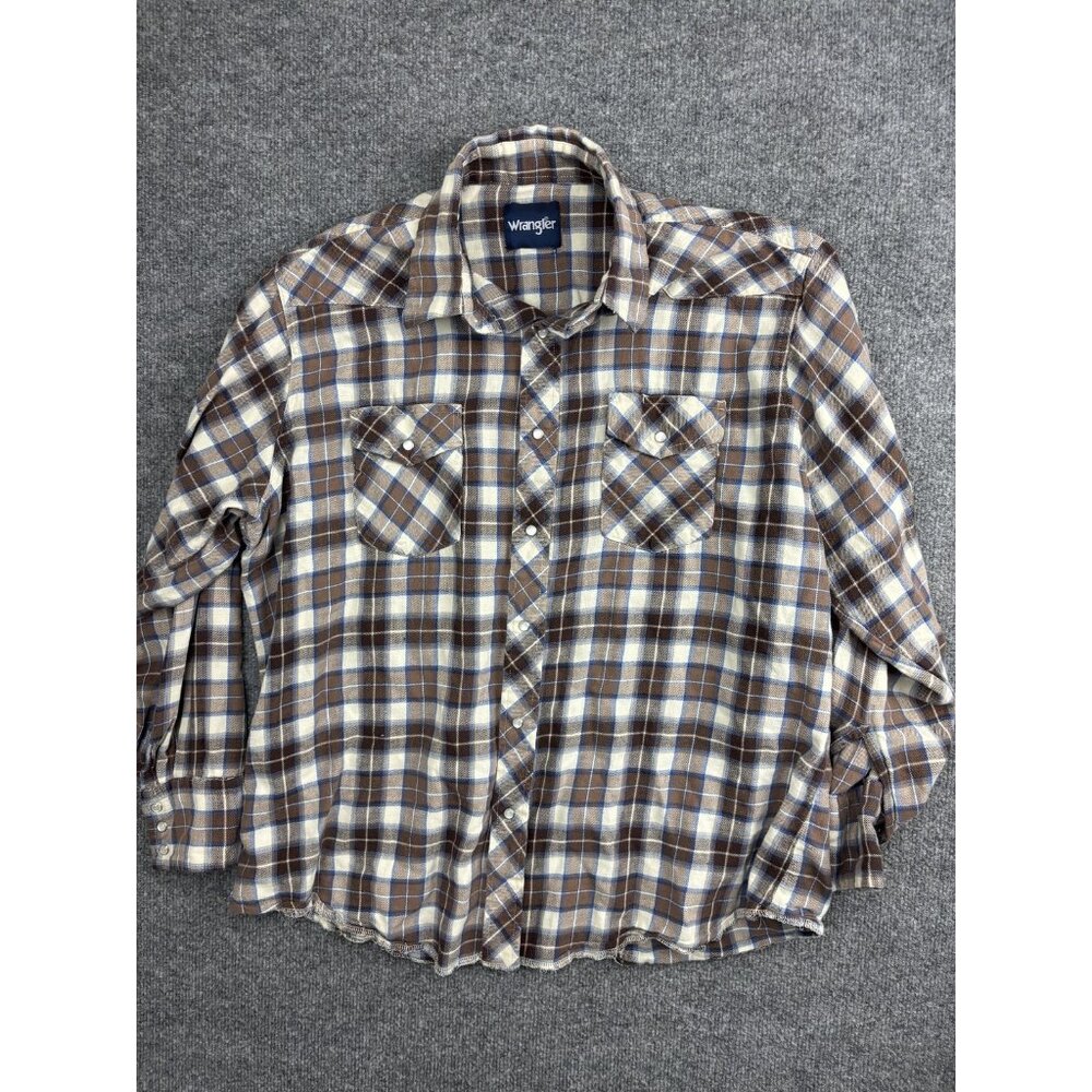 Wrangler Shirt Mens Large Brown Plaid‎ Western Pearl Snap Flannel Long Sleeve